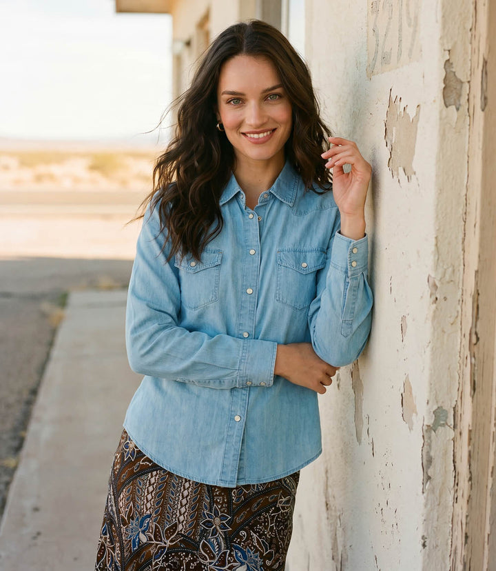 Petite Size Long Sleeve Western Denim Shirt