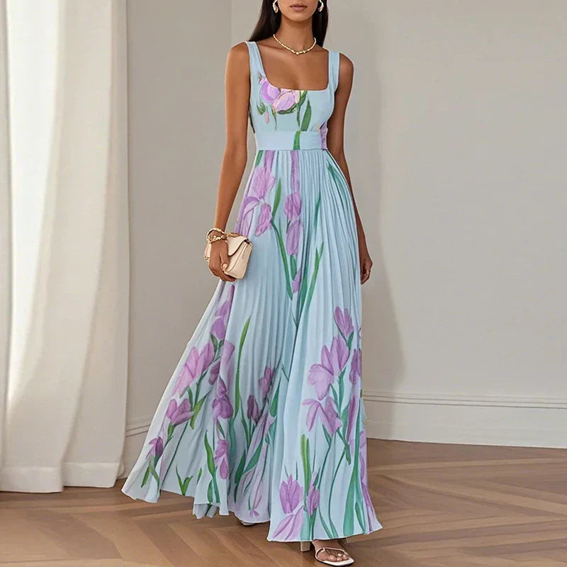 Adelaide | Floral Maxi Dress with Square Neck and Pleated Skirt