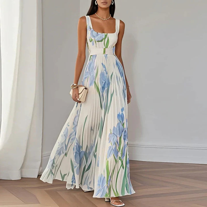 Adelaide | Floral Maxi Dress with Square Neck and Pleated Skirt