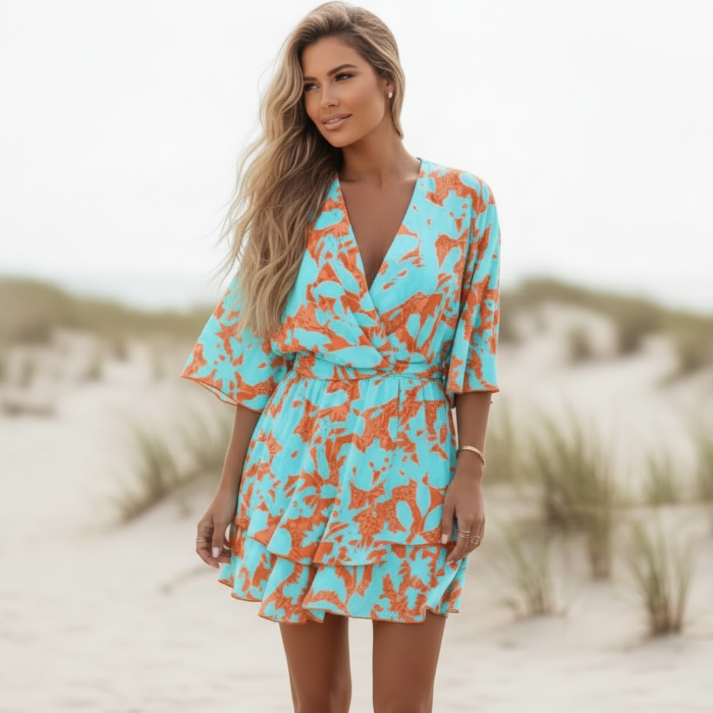 Alma | Boho Mini Dress with V Neck and Tiered Skirt