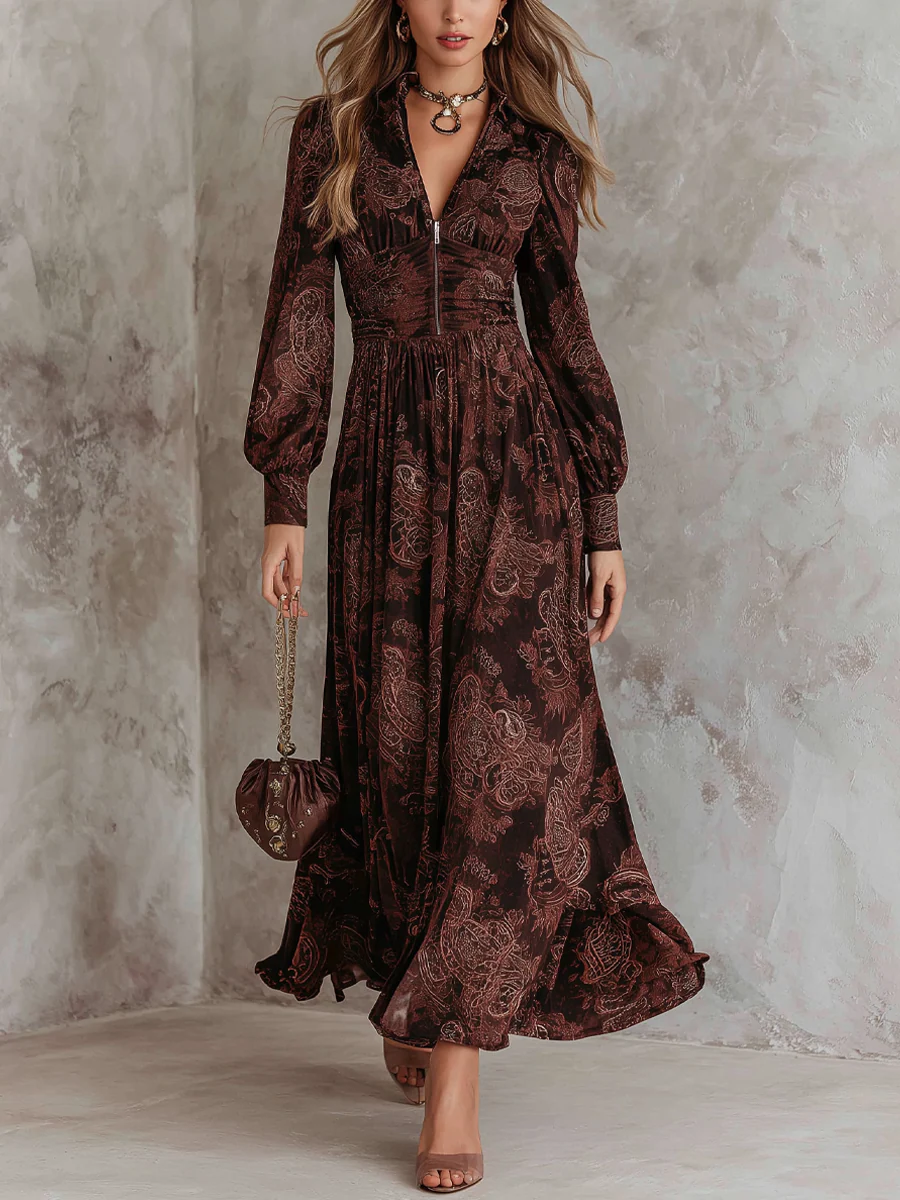Amelia | Paisley Print Maxi Dress with Deep V Neck and Puff Sleeves