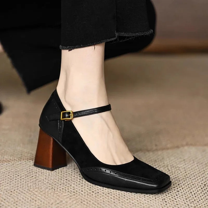 Antoinette | Mary Jane Block Heels with Ankle Strap and Square Toe