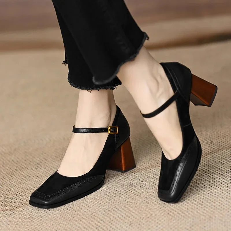 Antoinette | Mary Jane Block Heels with Ankle Strap and Square Toe