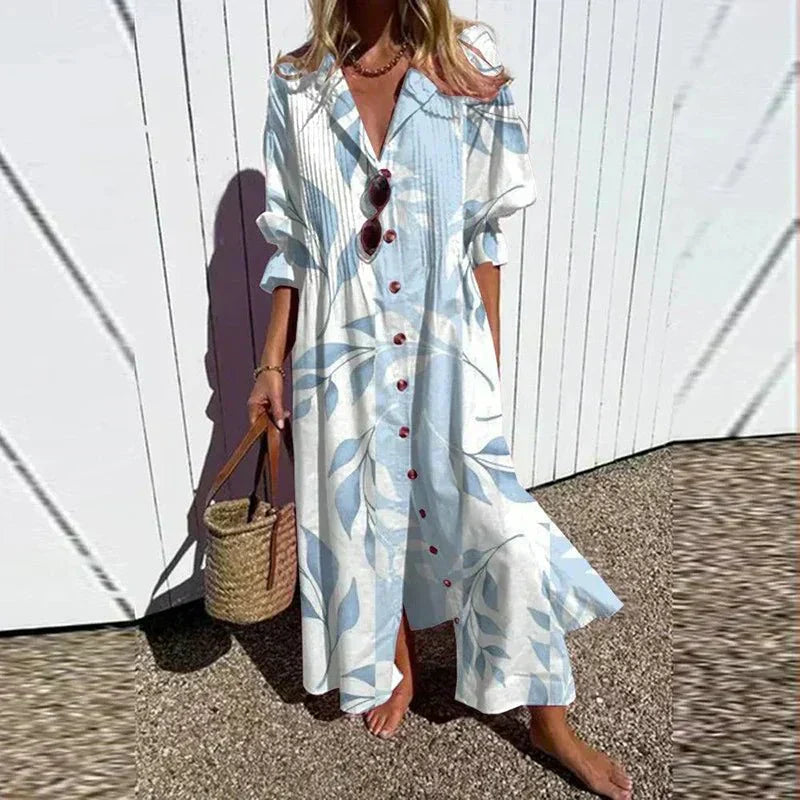 Betty | Boho Floral Maxi Sundress with Deep V Neck and Button Front