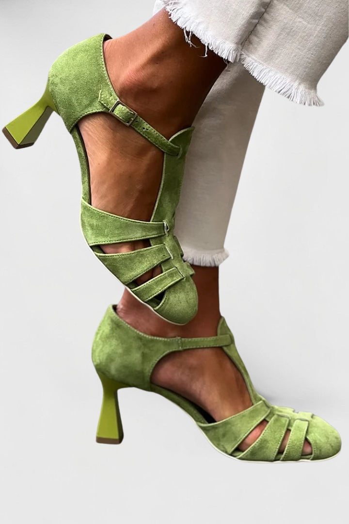 Beverly | T-Strap Heels with Buckle Closure and Block Heel