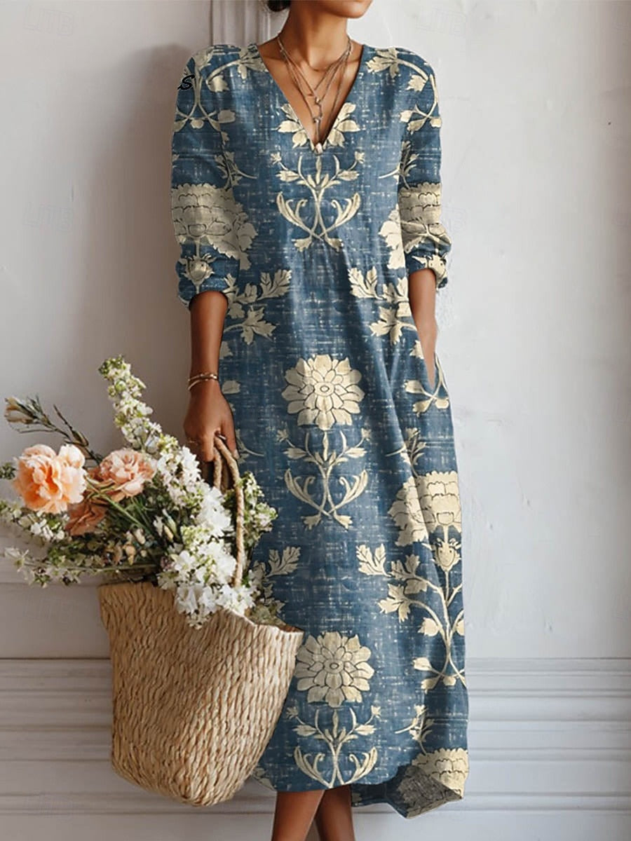 Carol | Boho Floral Maxi Dress with V Neck and Three Quarter Sleeves