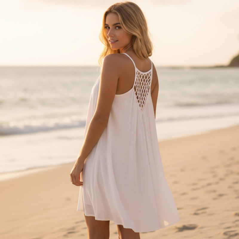 Carole | Summer Beach Mini Dress with Spaghetti Straps and Crochet Back Detail