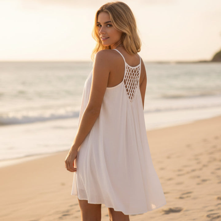 Carole | Summer Beach Mini Dress with Spaghetti Straps and Crochet Back Detail