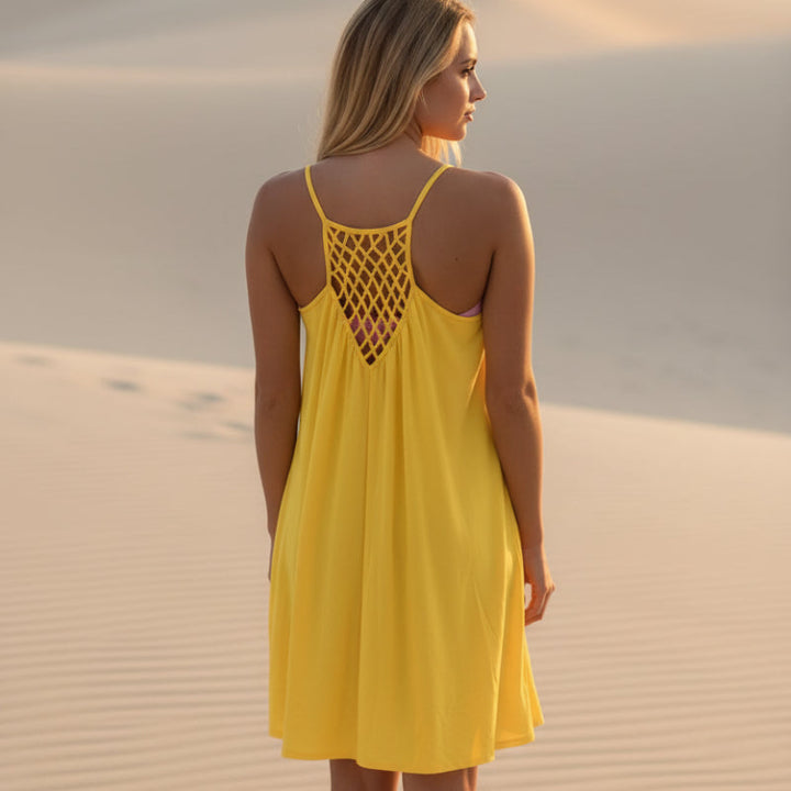 Carole | Summer Beach Mini Dress with Spaghetti Straps and Crochet Back Detail