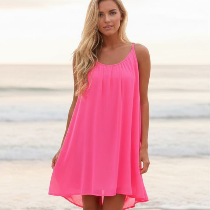 Carole | Summer Beach Mini Dress with Spaghetti Straps and Crochet Back Detail