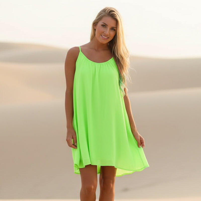 Carole | Summer Beach Mini Dress with Spaghetti Straps and Crochet Back Detail