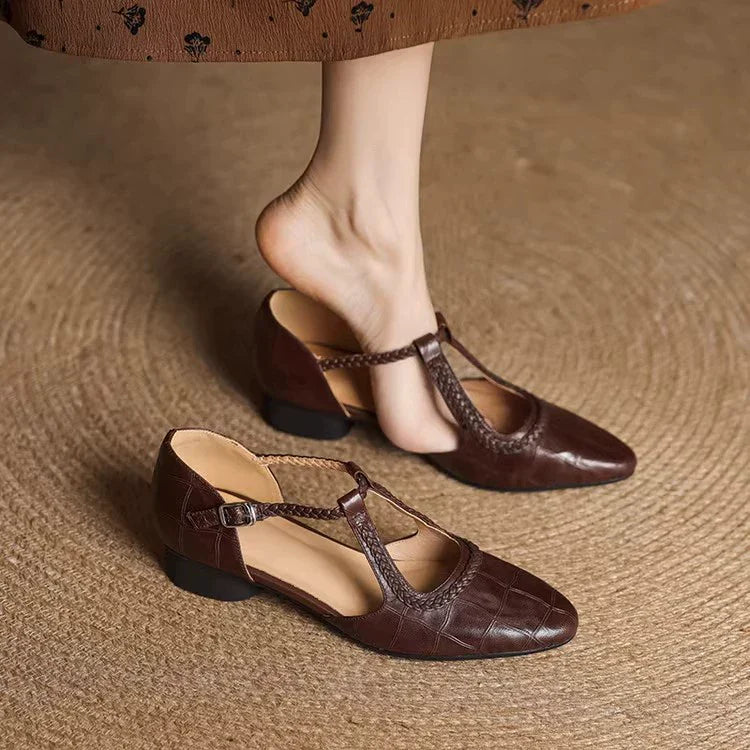 Cassandra | Braided Strap Mary Jane Shoes with T-Strap and Buckle Closure