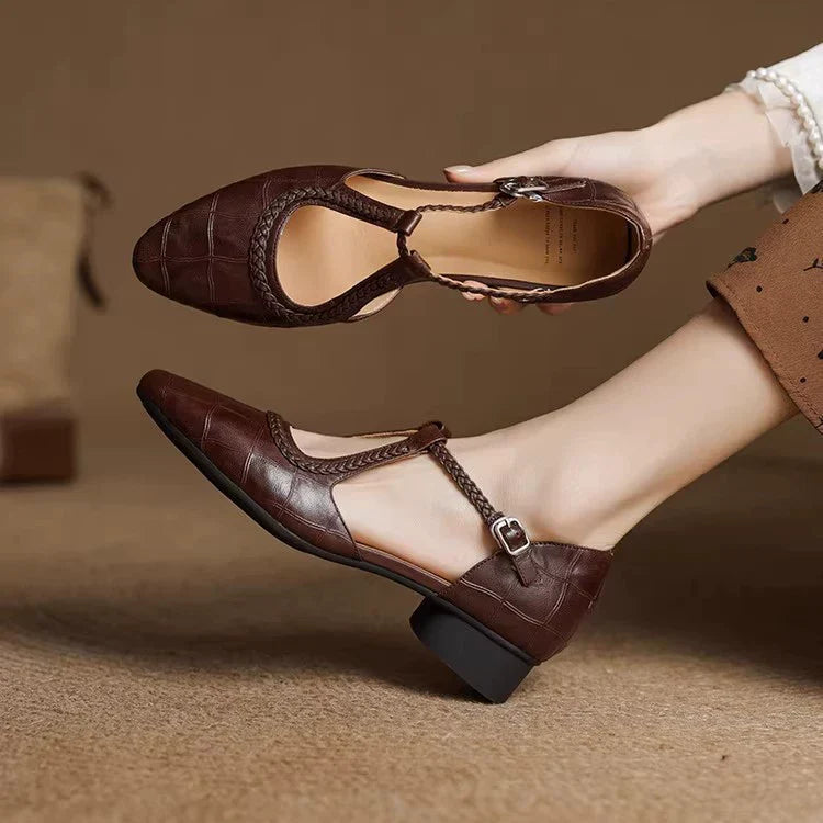 Cassandra | Braided Strap Mary Jane Shoes with T-Strap and Buckle Closure