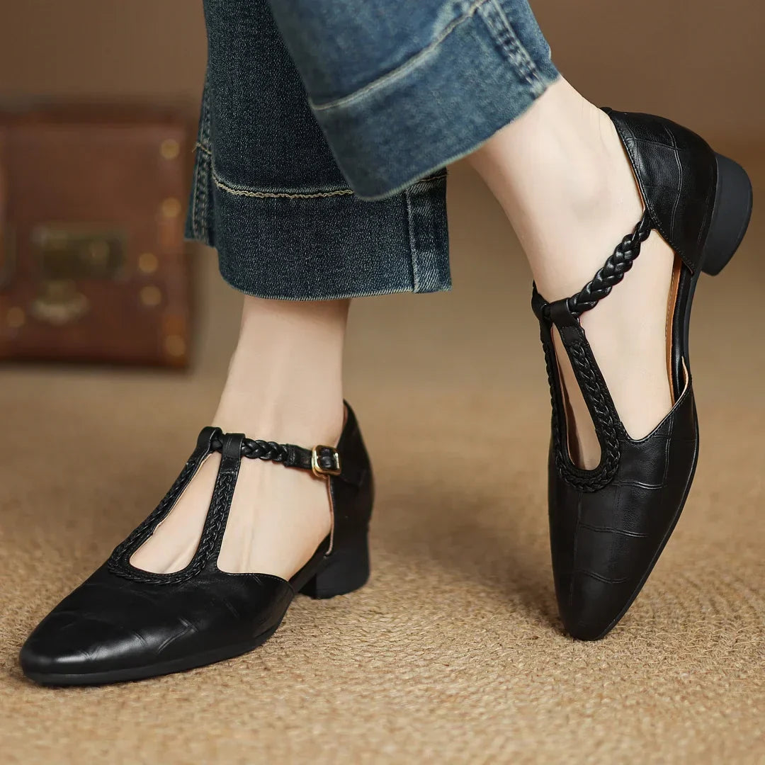 Cassandra | Braided Strap Mary Jane Shoes with T-Strap and Buckle Closure