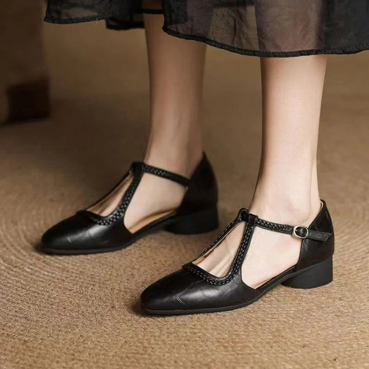 Cassandra | Braided Strap Mary Jane Shoes with T-Strap and Buckle Closure
