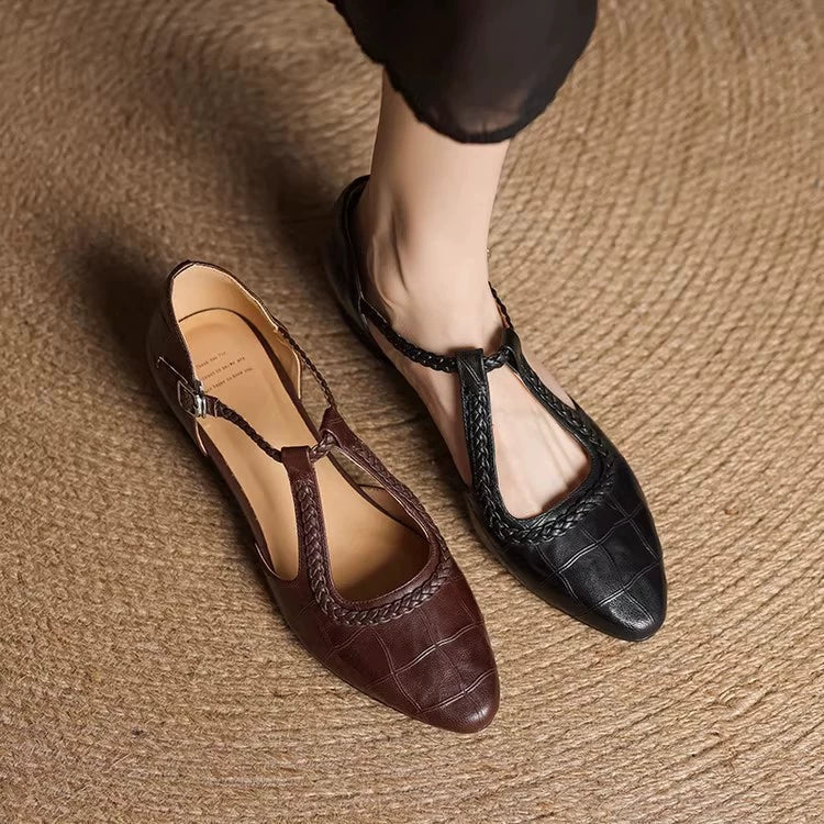 Cassandra | Braided Strap Mary Jane Shoes with T-Strap and Buckle Closure