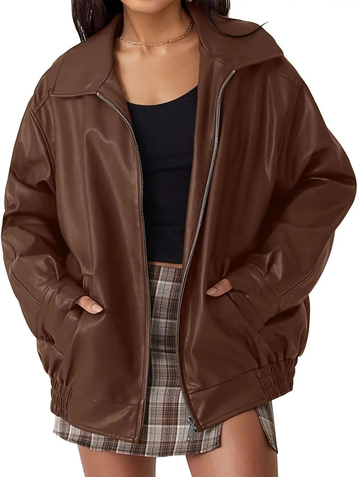 Cheryl | Leather Bomber Jacket with Zipper and Elastic Cuffs