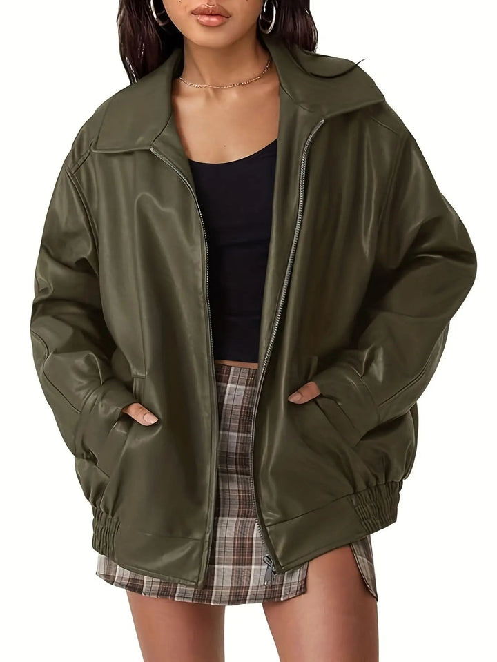 Cheryl | Leather Bomber Jacket with Zipper and Elastic Cuffs