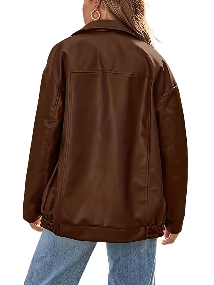 Cheryl | Leather Bomber Jacket with Zipper and Elastic Cuffs