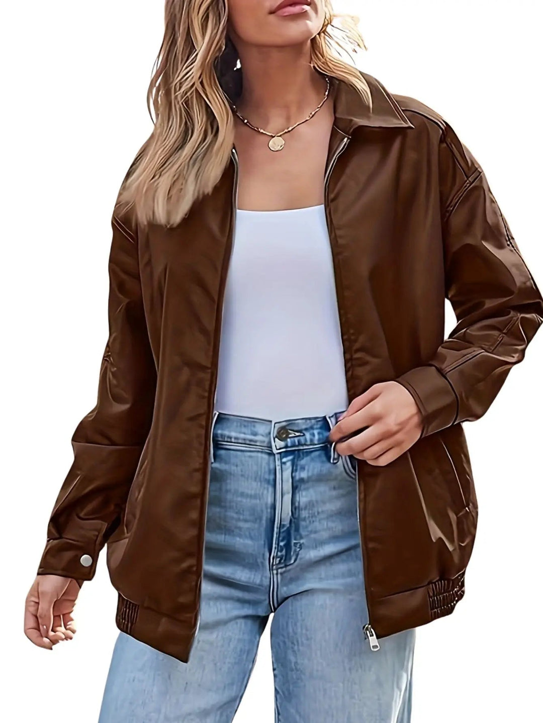 Cheryl | Leather Bomber Jacket with Zipper and Elastic Cuffs