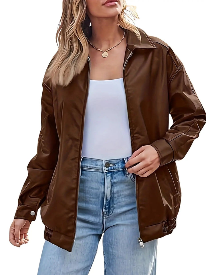 Cheryl | Leather Bomber Jacket with Zipper and Elastic Cuffs