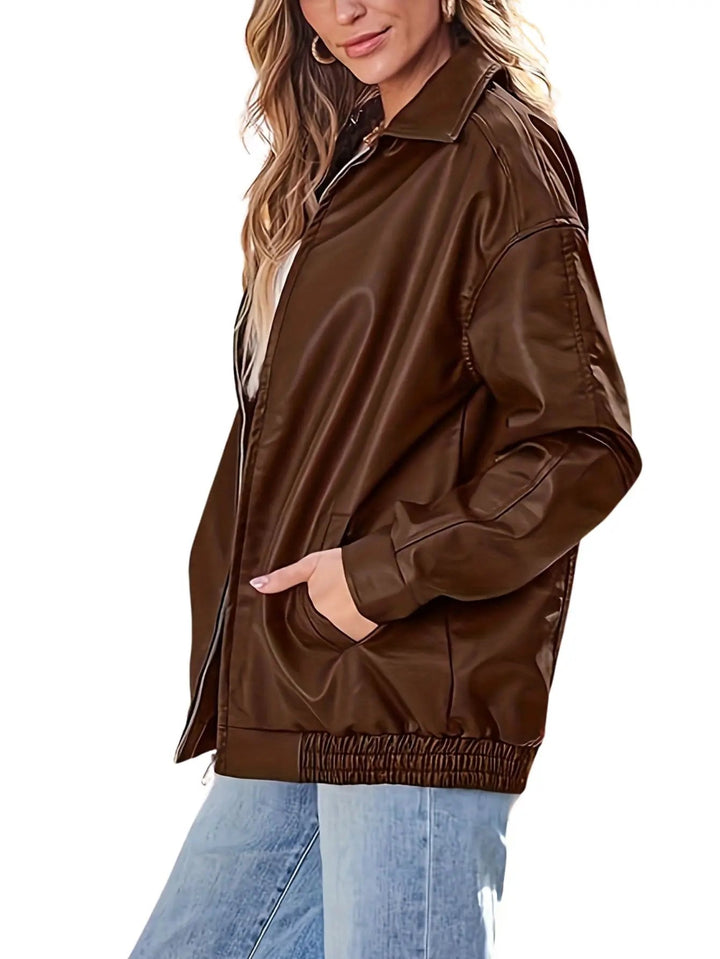 Cheryl | Leather Bomber Jacket with Zipper and Elastic Cuffs
