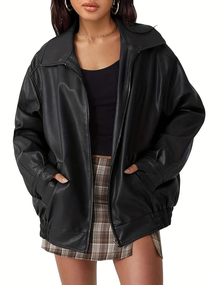 Cheryl | Leather Bomber Jacket with Zipper and Elastic Cuffs