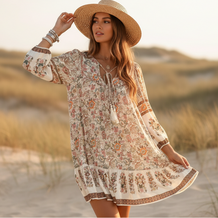 Claire | Boho Floral Mini Dress with V Neck and Long Sleeves