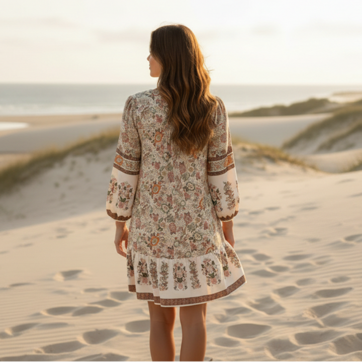 Claire | Boho Floral Mini Dress with V Neck and Long Sleeves