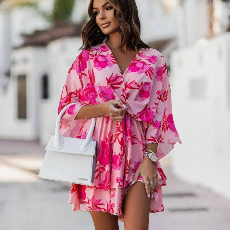 Claire | Floral Mini Dress with V Neck and Kimono Sleeves