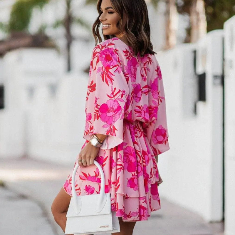 Claire | Floral Mini Dress with V Neck and Kimono Sleeves