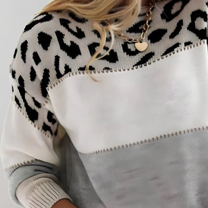 Claire | Leopard Print Sweater with Color Block and Crew Neck