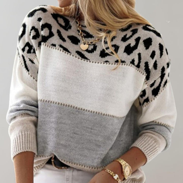 Claire | Leopard Print Sweater with Color Block and Crew Neck