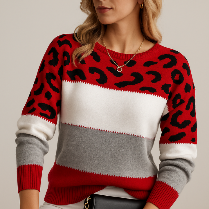 Claire | Leopard Print Sweater with Color Block and Crew Neck