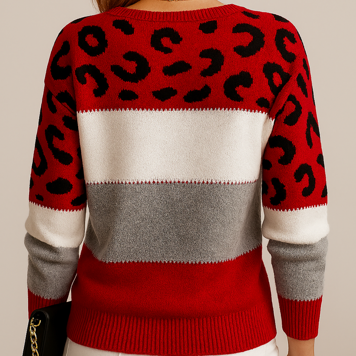 Claire | Leopard Print Sweater with Color Block and Crew Neck
