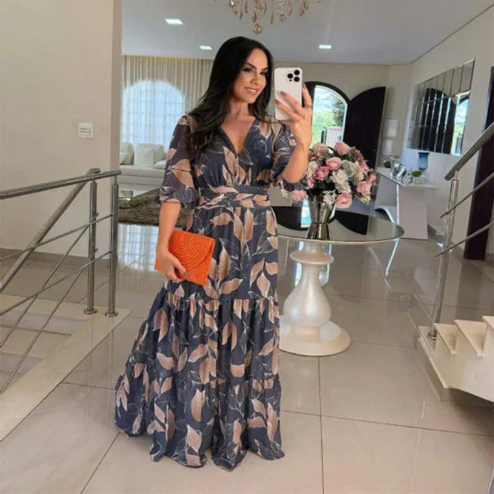Claudia | Floral Maxi Dress with Wrap Bodice and Three Quarter Sleeves
