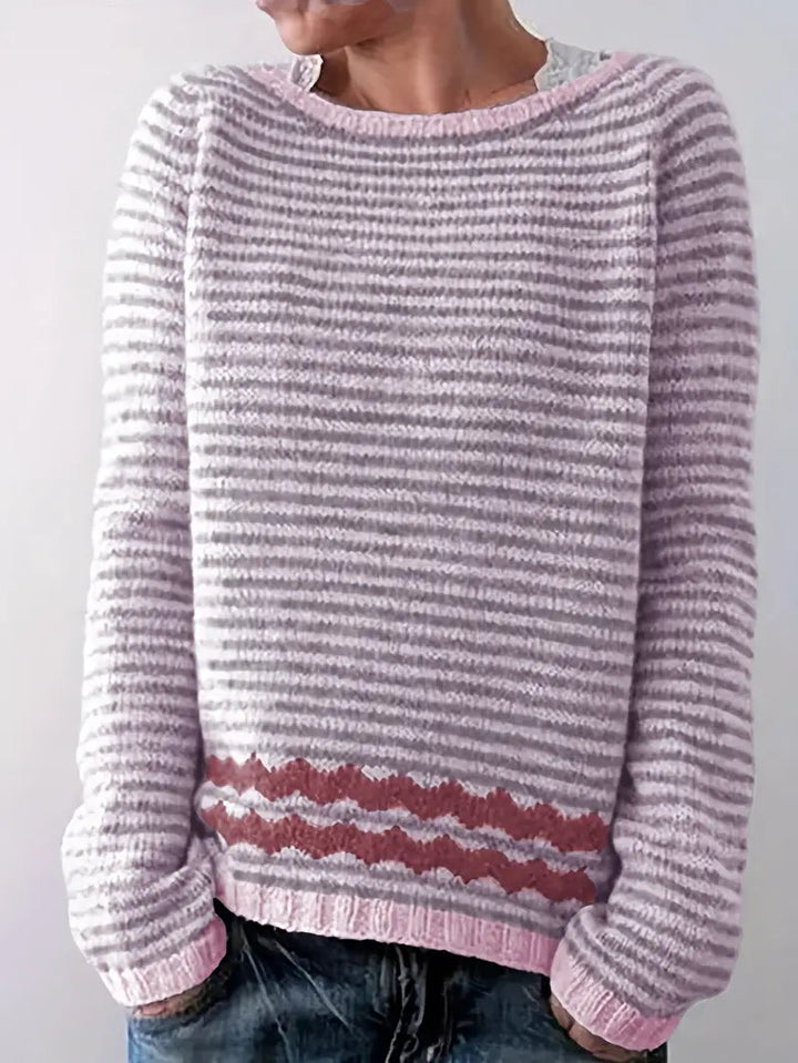 Colette | Striped Sweater with Zigzag Hem and Crew Neck