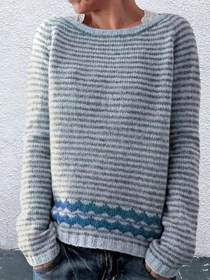 Colette | Striped Sweater with Zigzag Hem and Crew Neck