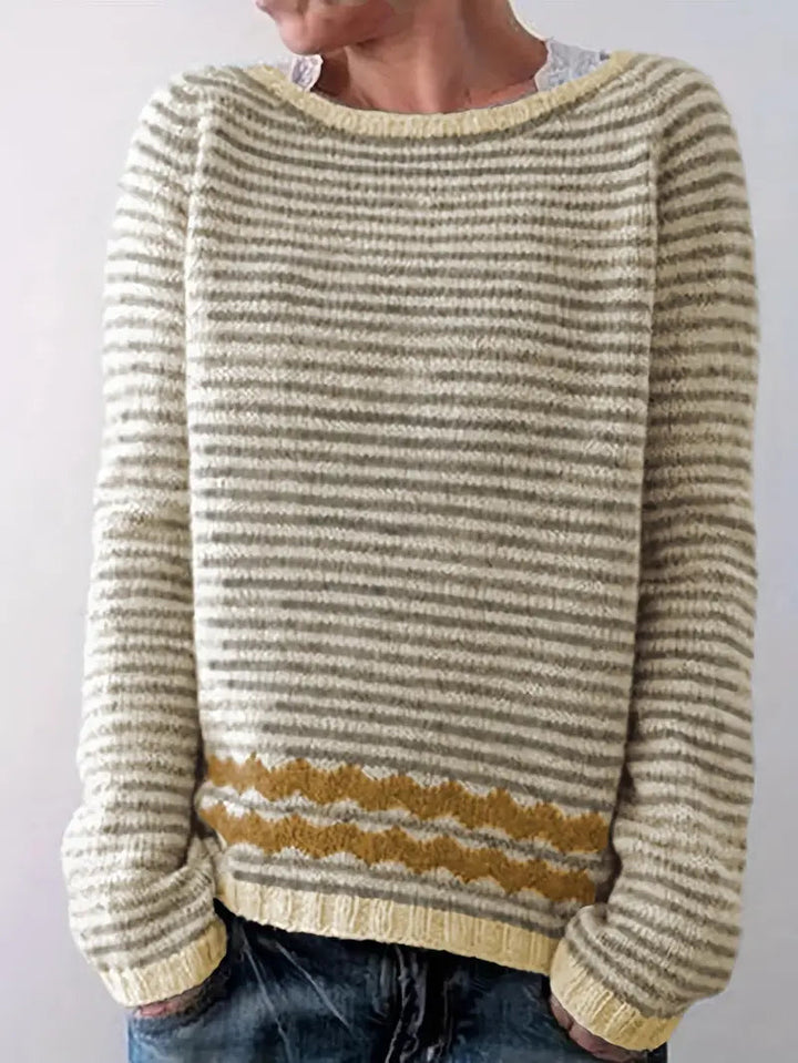 Colette | Striped Sweater with Zigzag Hem and Crew Neck