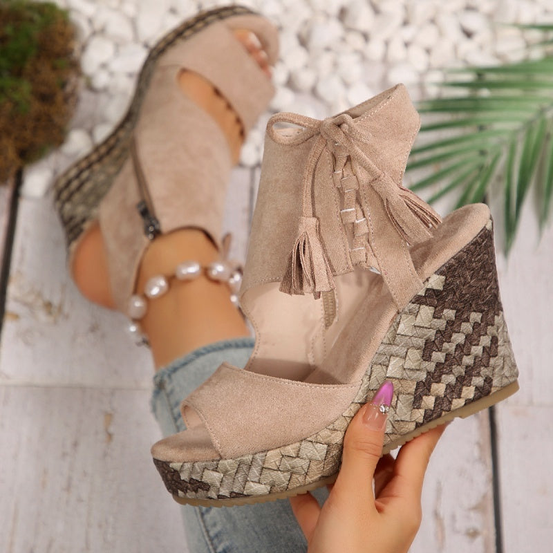 Colette | Wedge Sandals with Tassel Detail and Peep Toe