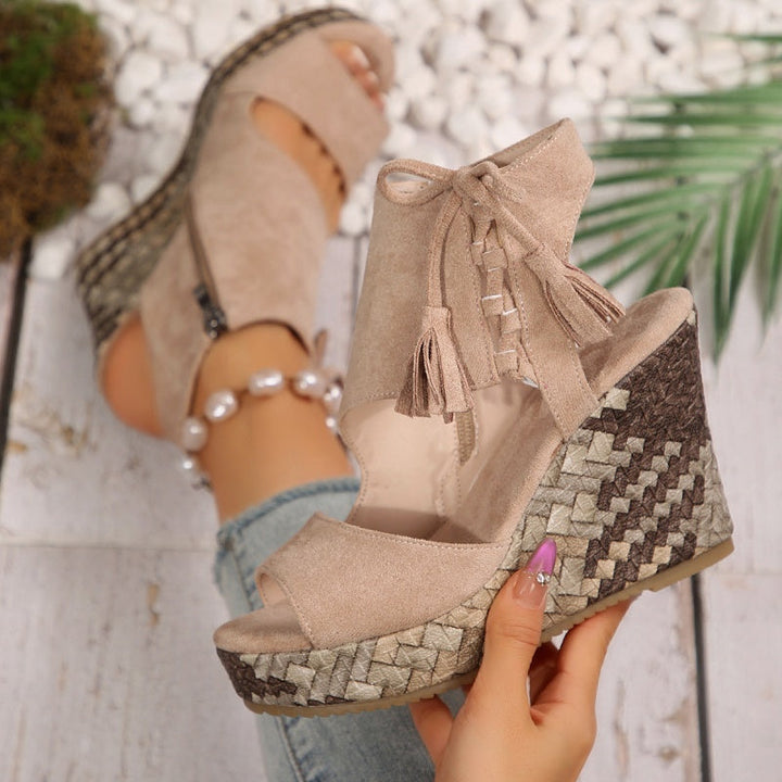 Colette | Wedge Sandals with Tassel Detail and Peep Toe