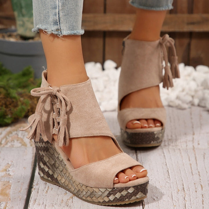 Colette | Wedge Sandals with Tassel Detail and Peep Toe