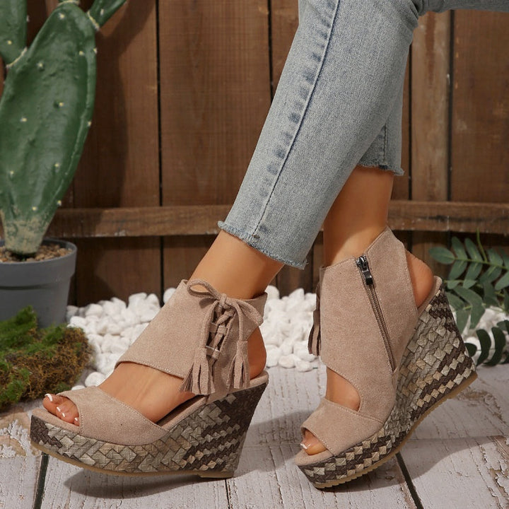 Colette | Wedge Sandals with Tassel Detail and Peep Toe