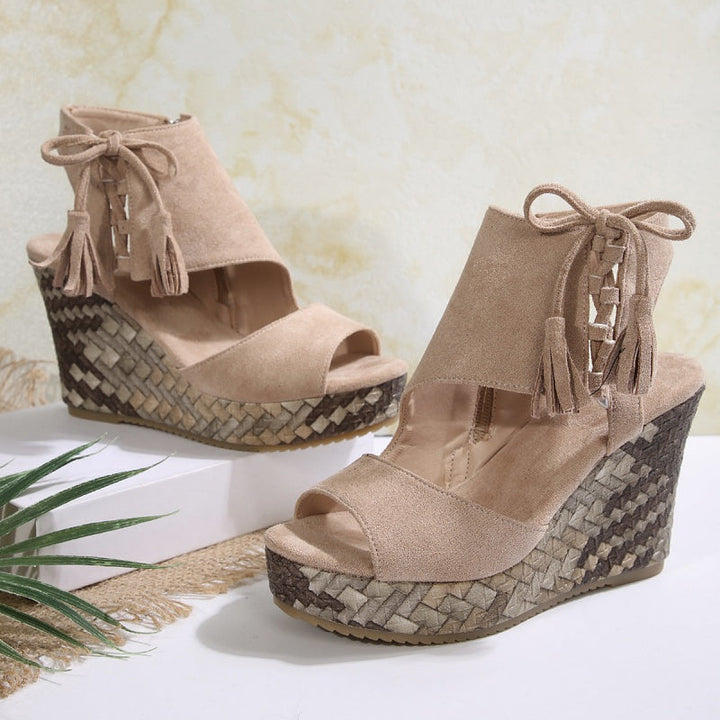 Colette | Wedge Sandals with Tassel Detail and Peep Toe