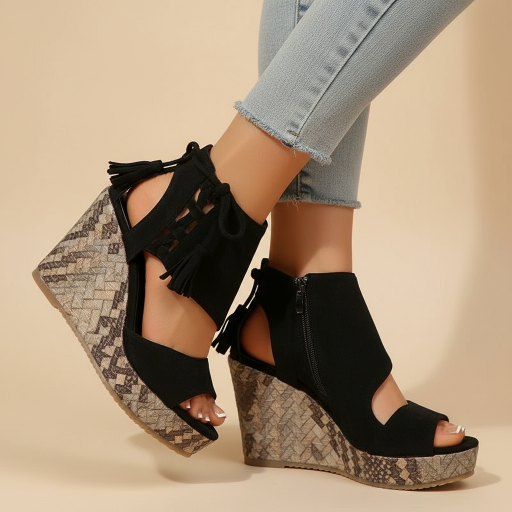 Colette | Wedge Sandals with Tassel Detail and Peep Toe