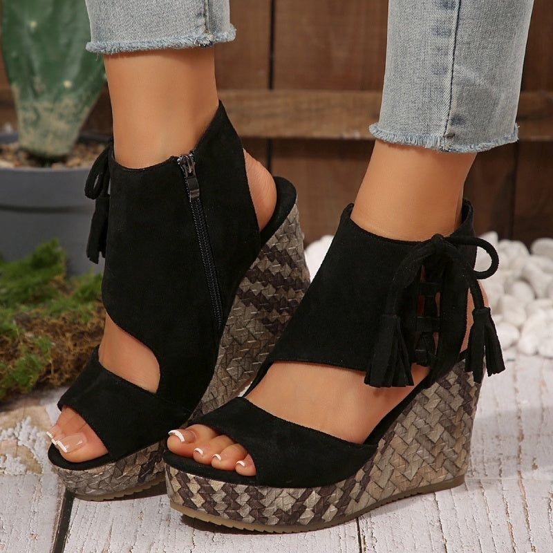 Colette | Wedge Sandals with Tassel Detail and Peep Toe