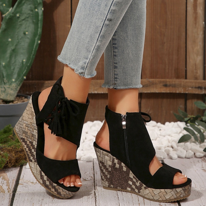 Colette | Wedge Sandals with Tassel Detail and Peep Toe