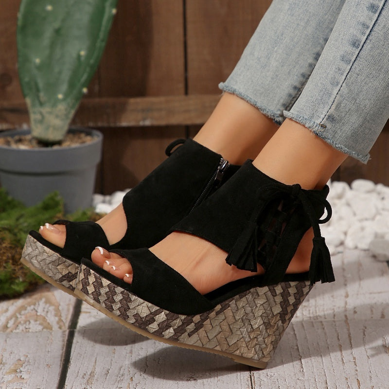 Colette | Wedge Sandals with Tassel Detail and Peep Toe