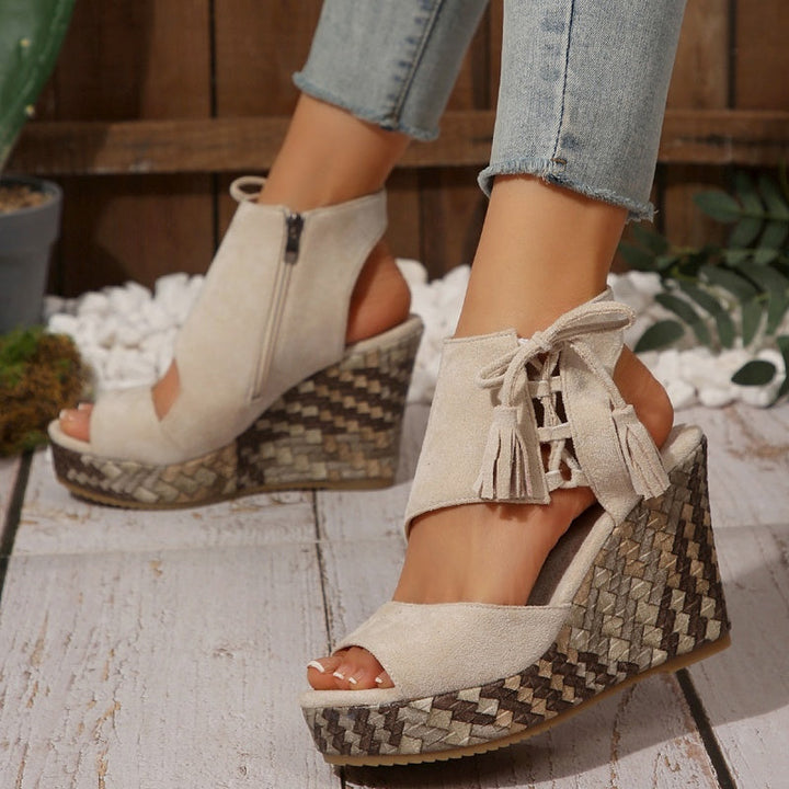 Colette | Wedge Sandals with Tassel Detail and Peep Toe