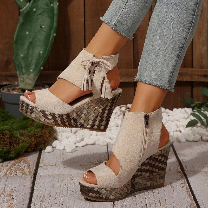 Colette | Wedge Sandals with Tassel Detail and Peep Toe